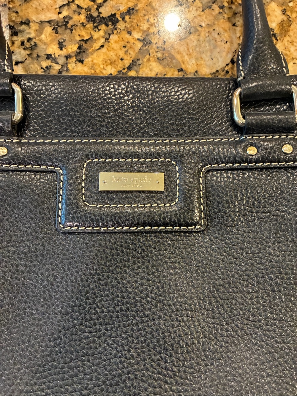 Kate Spade Black Leather Tote Bag with Contrast Stitching